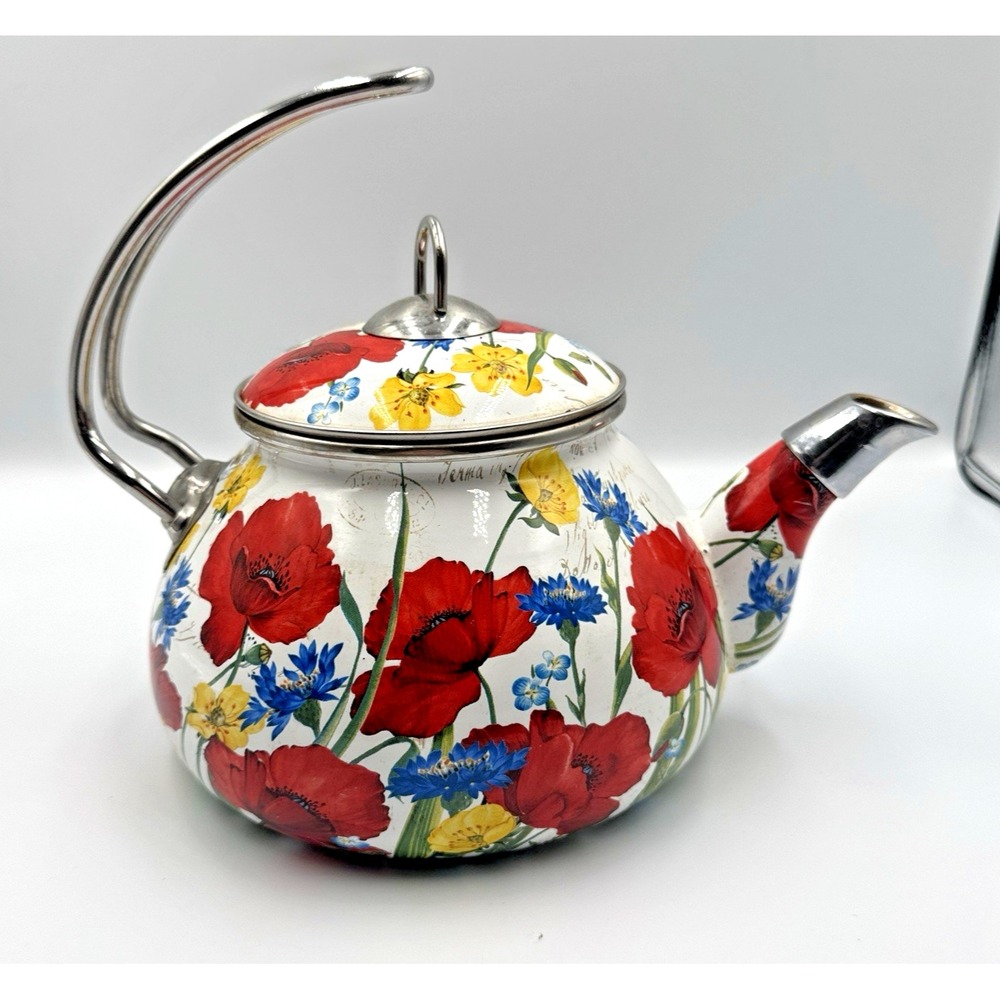 Crofton 2.3 Qt Enamel Whistling Tea Kettle Poppy Floral Stovetop